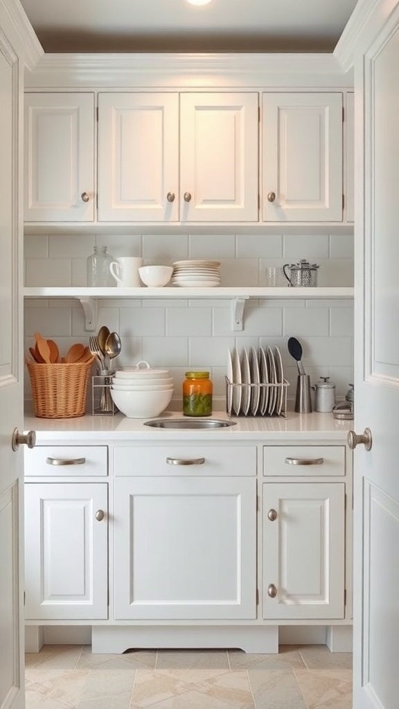 A well-organized butler's pantry featuring a drying rack for dishes, white cabinetry, and open shelves.