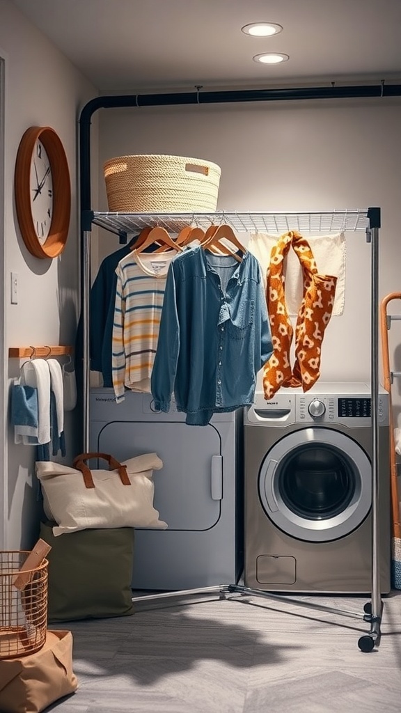 A basement laundry room featuring a drying rack with clothes hanging, a washing machine, and a dryer.