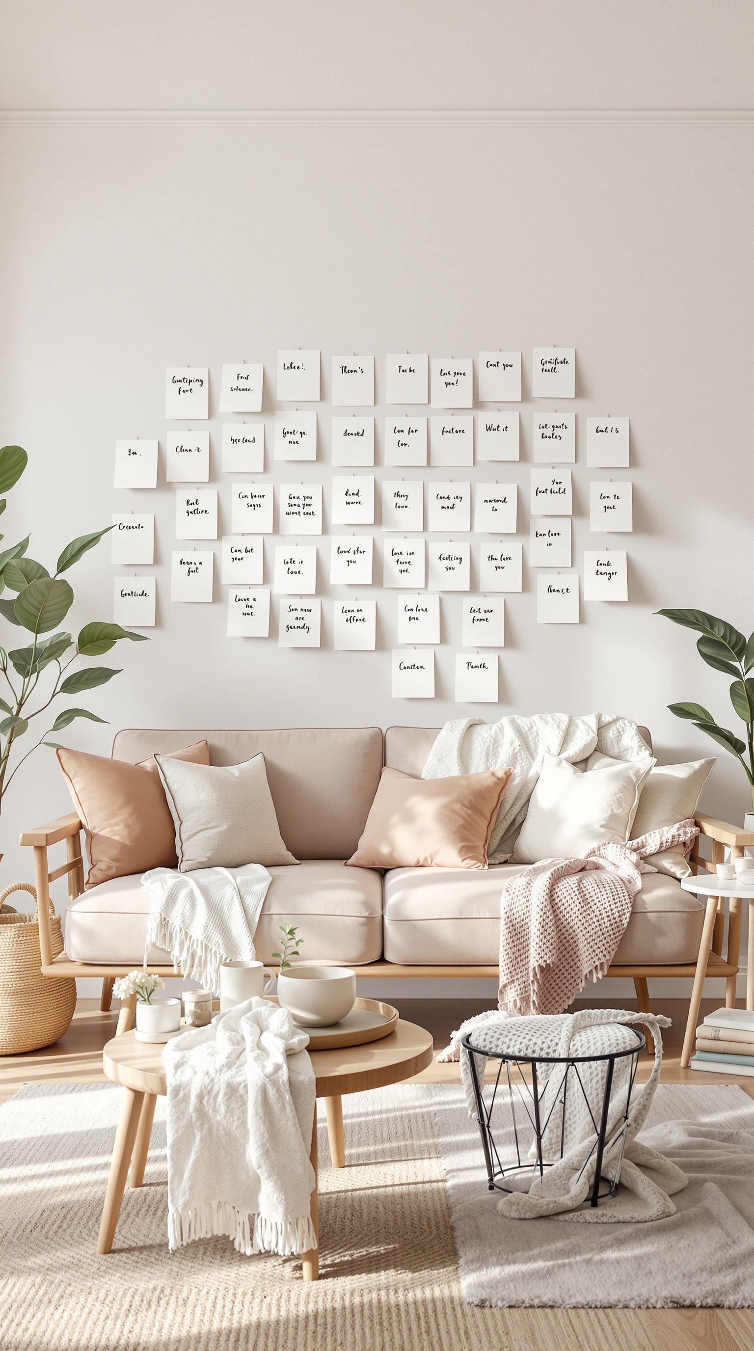 A cozy living room featuring a wall with handwritten gratitude notes and a comfortable sofa.