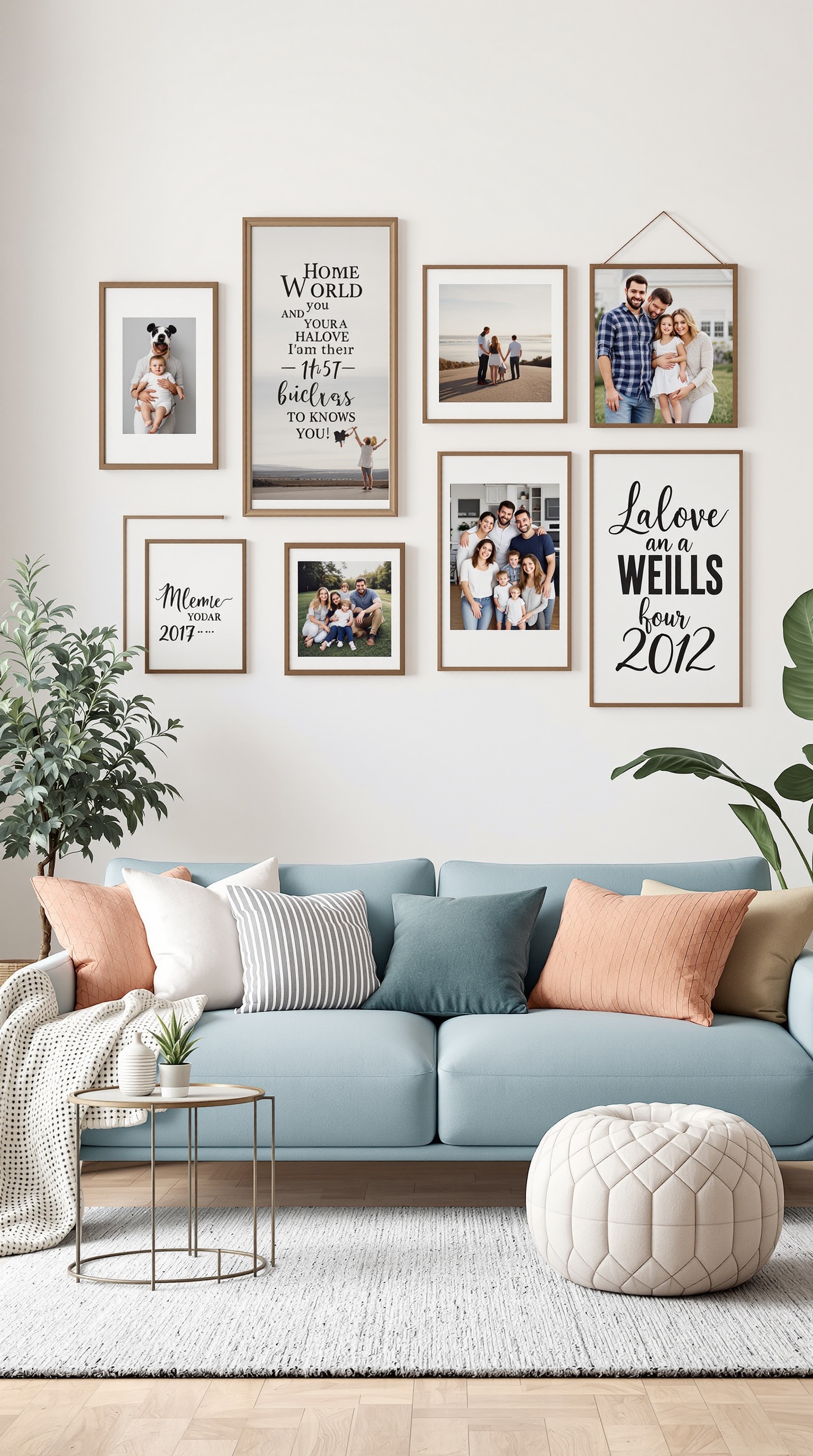 A family photo gallery on a wall featuring various framed pictures and decorative text.