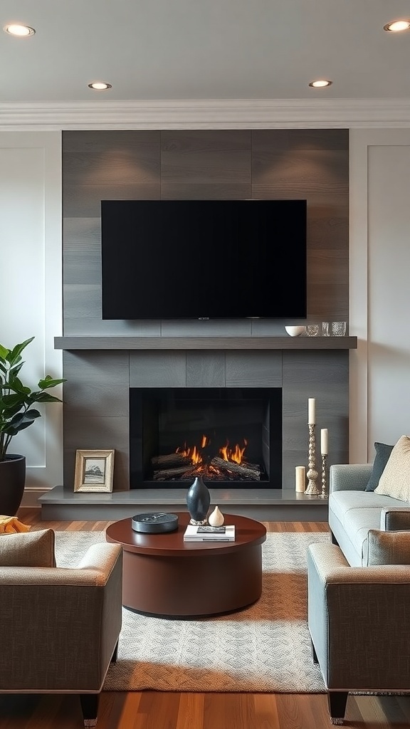 Modern living room with a TV mounted above a fireplace, featuring comfortable seating and decorative elements.