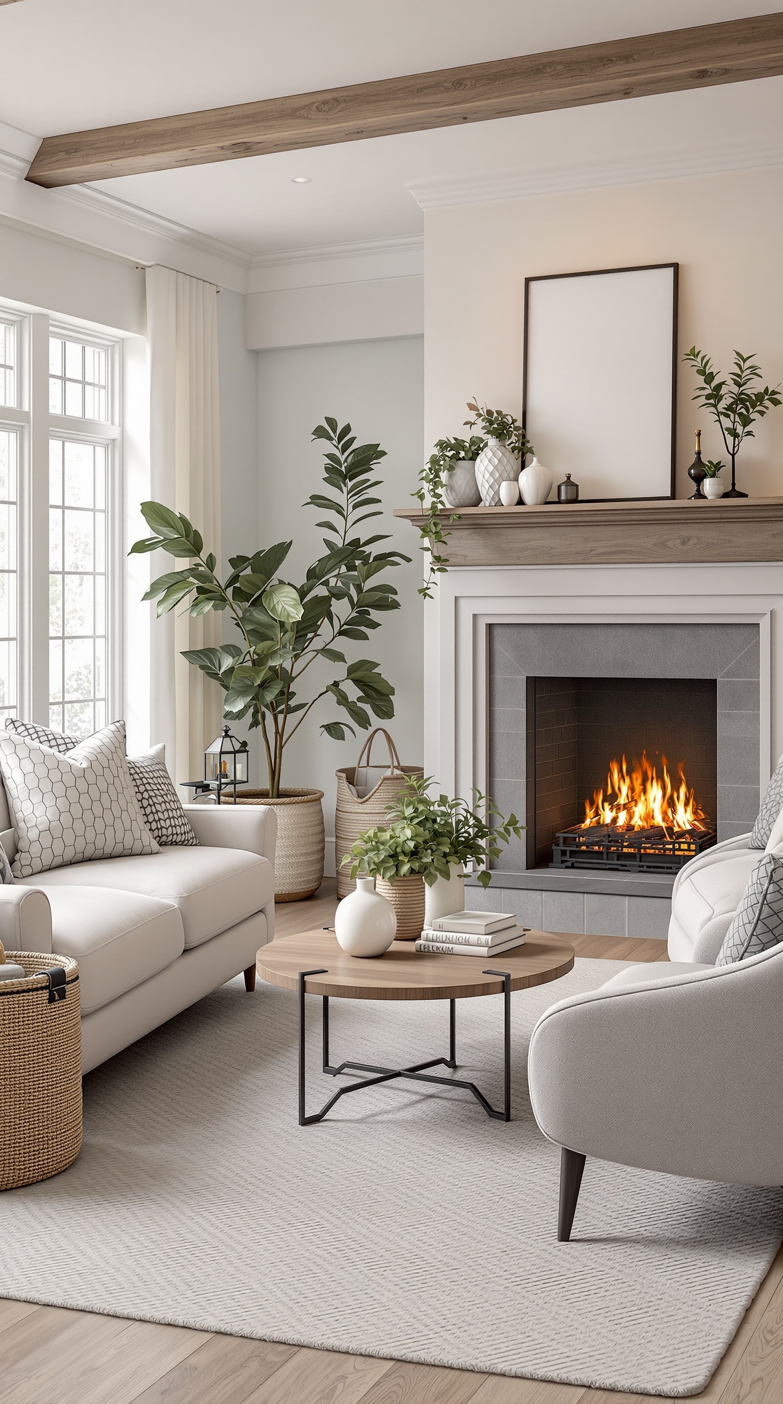 A cozy family room featuring a fireplace, light-colored sofas, and decorative plants.