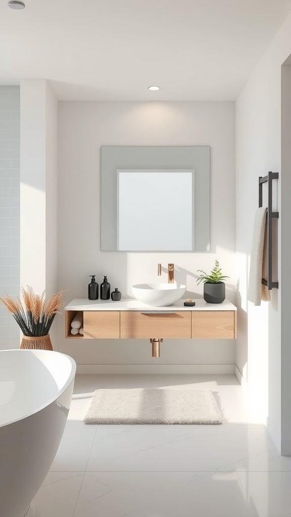 A modern small bathroom featuring a floating vanity with a round sink, gold faucet, and light wood finish.