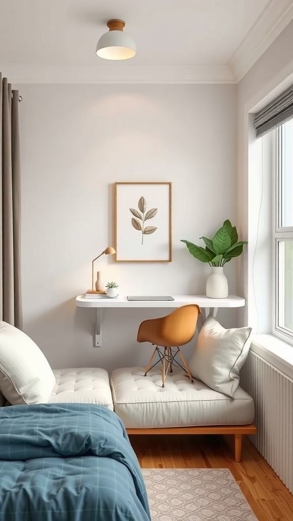 A small guest bedroom featuring a foldable desk, a comfortable chair, and decorative elements.