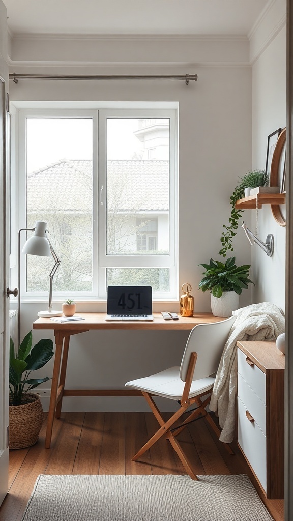 A small, stylish workspace featuring a foldable desk by a window with a laptop, plant, and lamp.