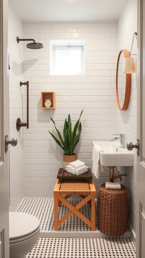 A small bathroom featuring a foldable shower bench, plants, and modern fixtures.