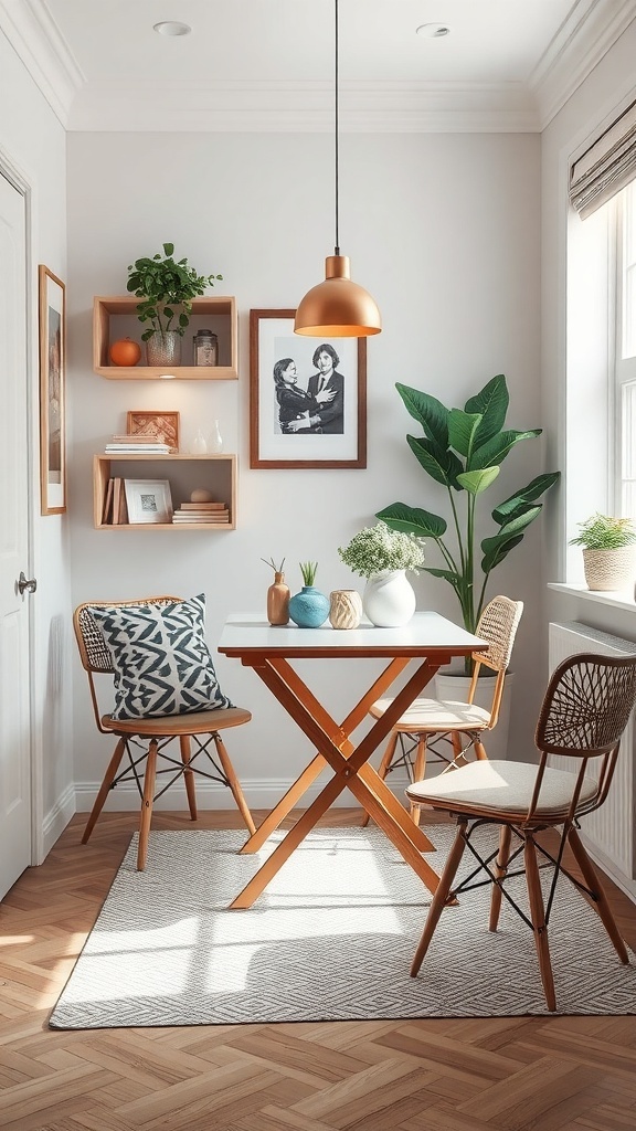 Cozy dining area featuring a folding table, stylish chairs, and decorative plants.