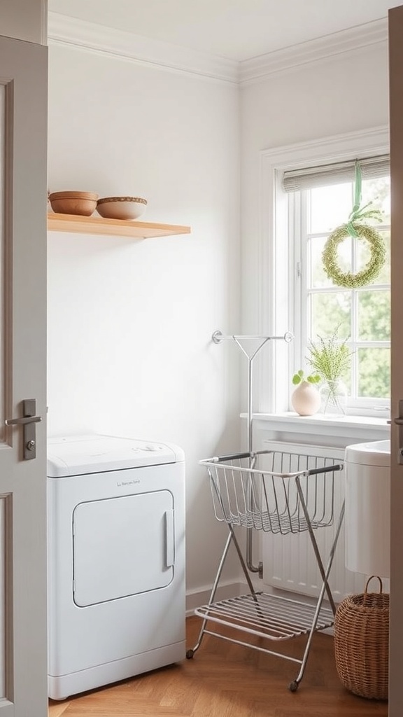 A small utility room featuring a folding drying rack, a washing machine, and a window with natural light.