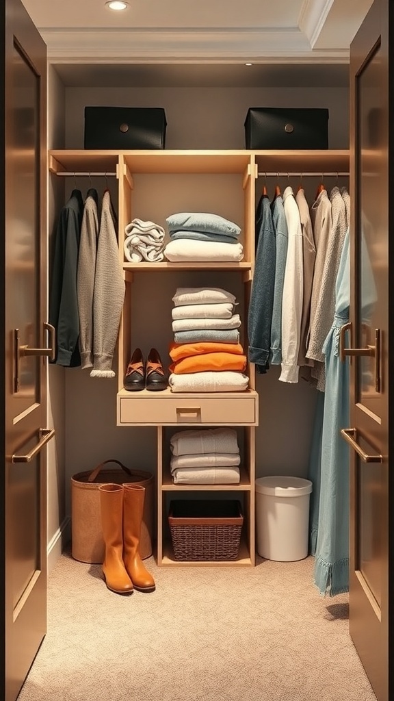 A small closet with a folding station, neatly organized with clothes, shoes, and storage bins.