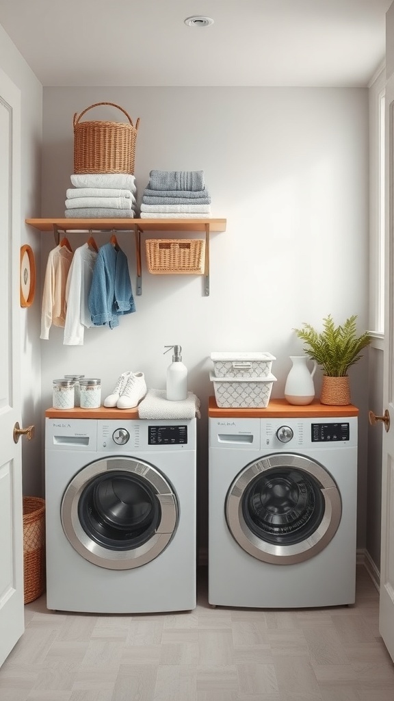 A modern basement laundry room featuring a folding station above the washing machines, with neatly stacked towels and baskets on shelves.