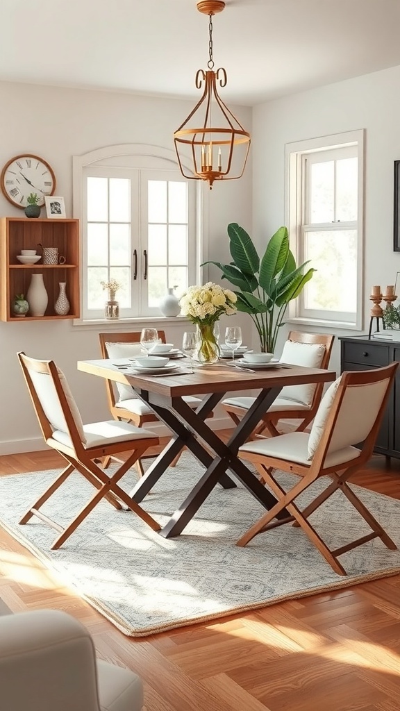 A small dining room featuring a folding table with four chairs, a vase of flowers, and a warm light fixture.