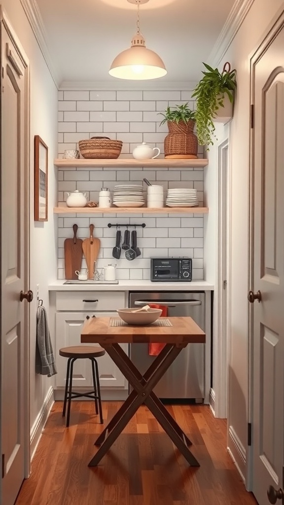 A small walk-in pantry featuring a folding table, shelves with dishes, and a cozy atmosphere.