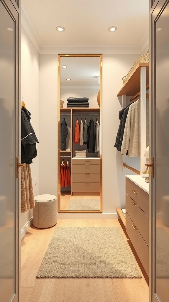 A small walk-in closet featuring a full-length mirror with a gold frame, wooden shelves, and a cozy rug.