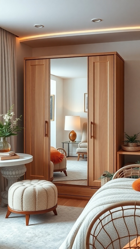 A stylish wardrobe with a full-length mirror in a cozy room setting.