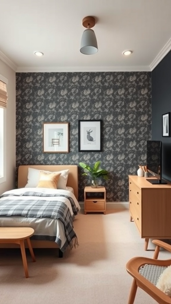A small teen bedroom featuring a dark floral accent wall, light furniture, and decorative art.