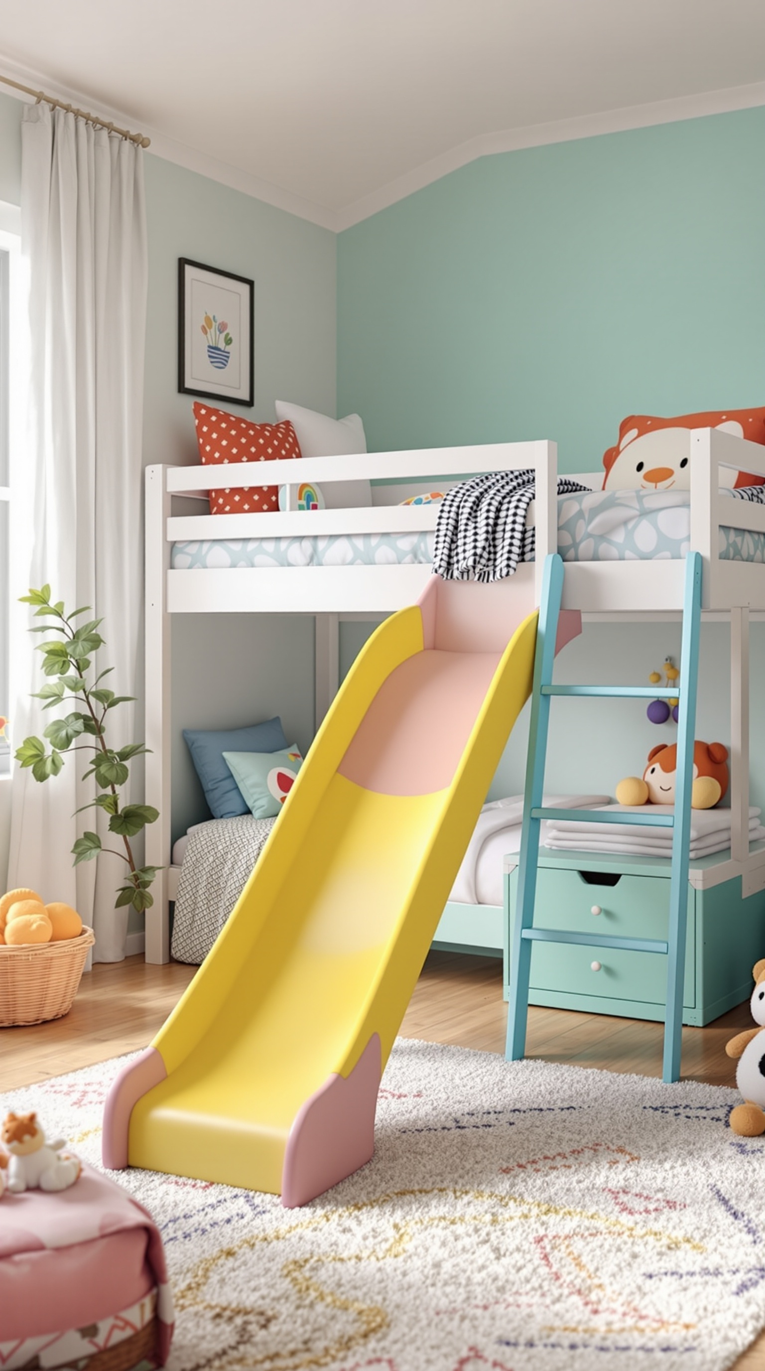 A colorful loft bed with a yellow slide, showcasing a playful kids' bedroom.