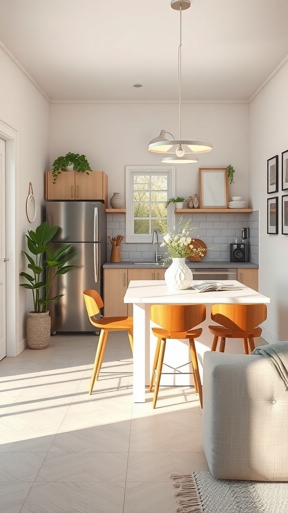 A small kitchen featuring a light wood island with three chairs, modern appliances, and bright decor.