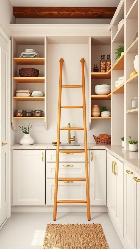 A small walk-in pantry featuring a wooden ladder for accessing high storage shelves.