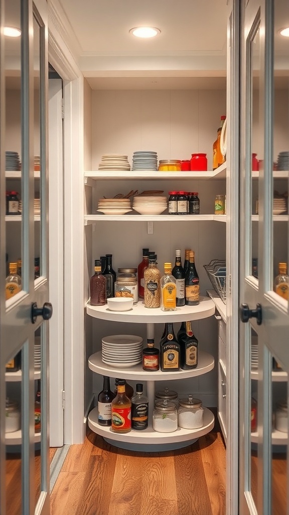 A narrow pantry with a lazy Susan, showcasing organized shelves with various jars, bottles, and plates.