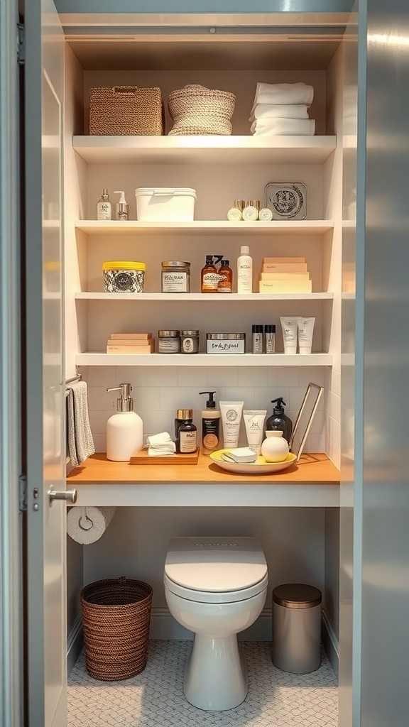 An organized bathroom closet showing shelves with baskets, toiletries, and a clean design.