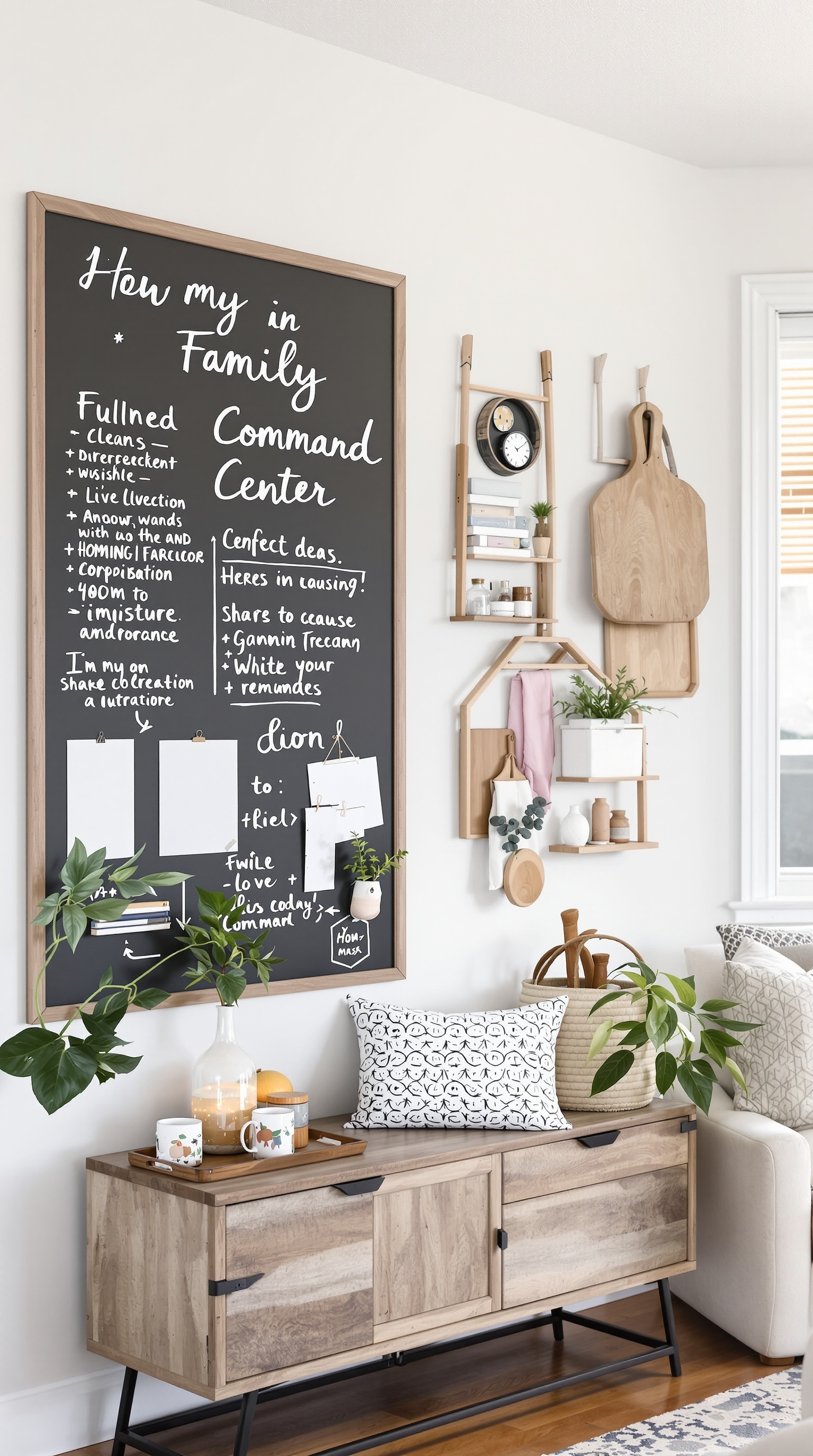 A family command center wall featuring a chalkboard message board with reminders and notes.