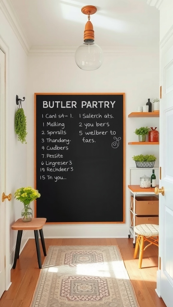 A butler's pantry featuring a large chalkboard with a list, surrounded by shelves and a warm light fixture.