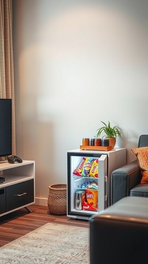A cozy gaming bedroom featuring a mini fridge filled with snacks next to a couch.