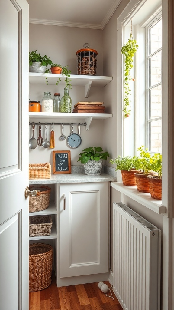 A cozy pantry with shelves displaying pots of herbs, glass jars, and kitchen utensils.