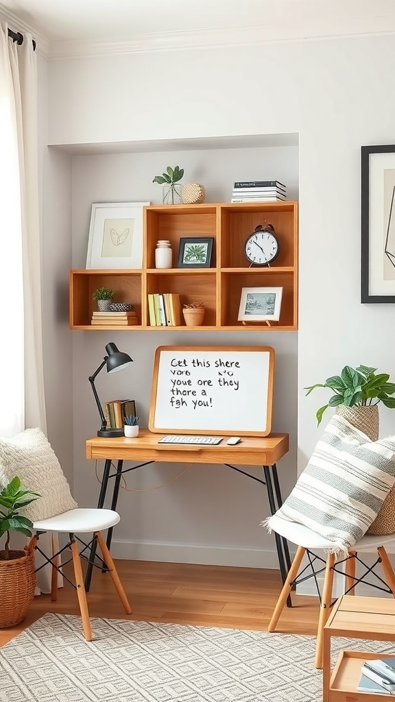 A small desk setup featuring a mini whiteboard, plants, and decorative items.