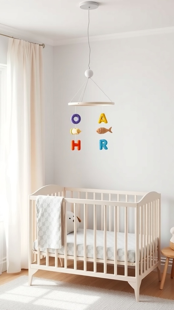 A nursery with a crib and a colorful mobile hanging above it.