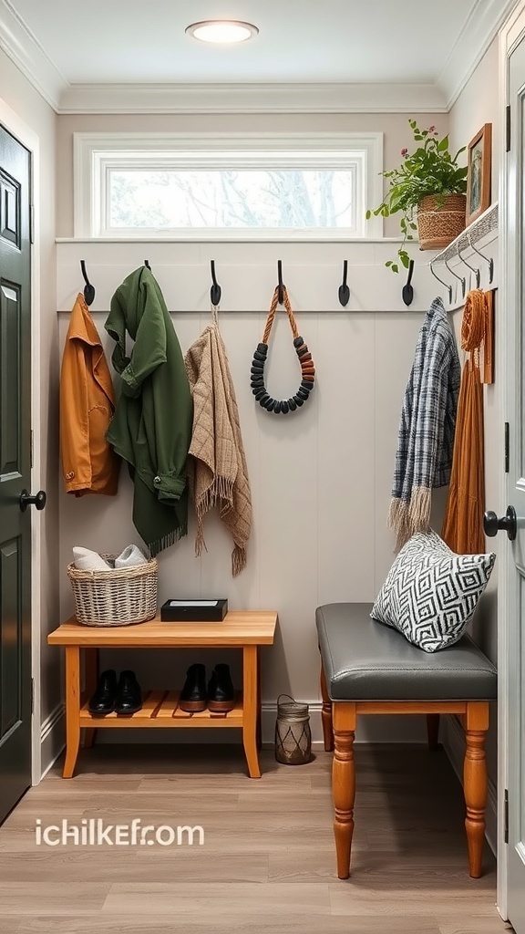A cozy mudroom with hooks for coats, a bench, and a plant, designed for utility and organization.