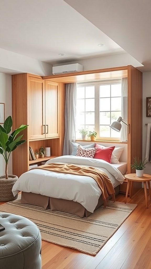 A cozy guest bedroom featuring a Murphy bed integrated into a wooden cabinet, with decorative pillows and a warm color scheme.
