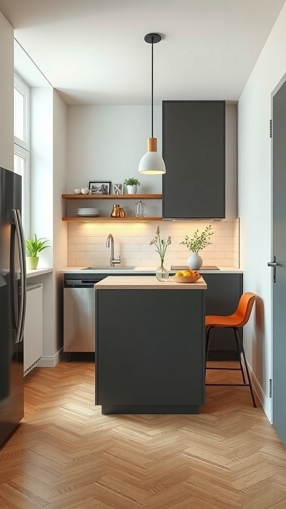 Modern narrow kitchen with an island and open shelving in a small apartment.