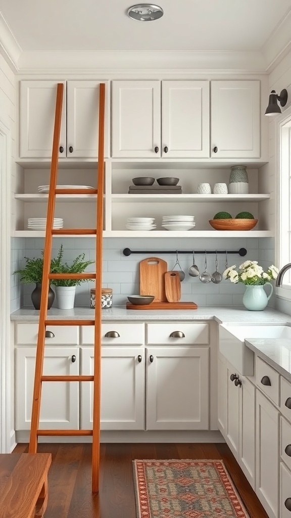 A wooden ladder leaning against white cabinets in a butler's pantry with open shelves.
