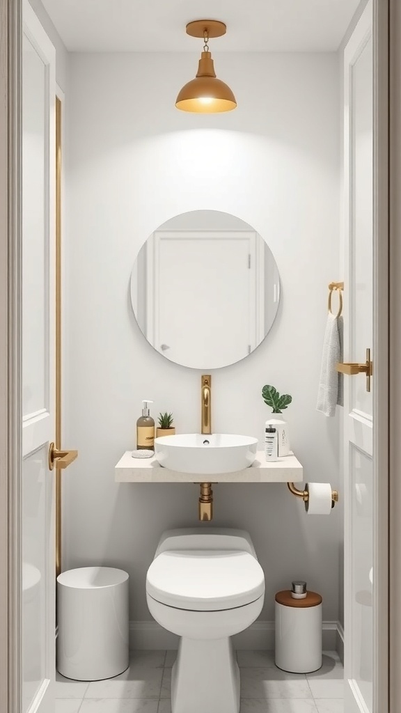 A stylish bathroom with a personal care station, featuring a round mirror, floating shelf, and organized essentials.