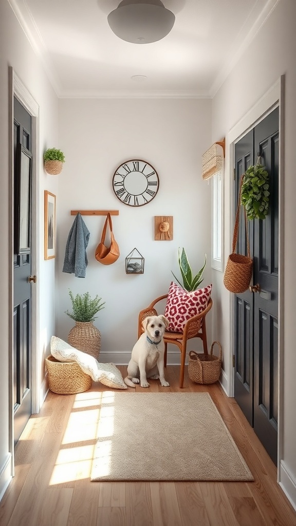 A cozy entryway with a dog, featuring a chair, plants, and storage baskets.