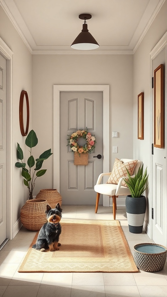 A stylish entryway with a dog, plants, and decorative elements.