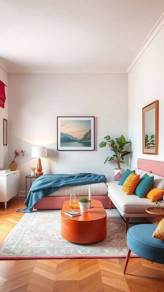 A single bedroom featuring a pink sofa, orange coffee table, blue chair, and green plant, creating a vibrant and inviting atmosphere.