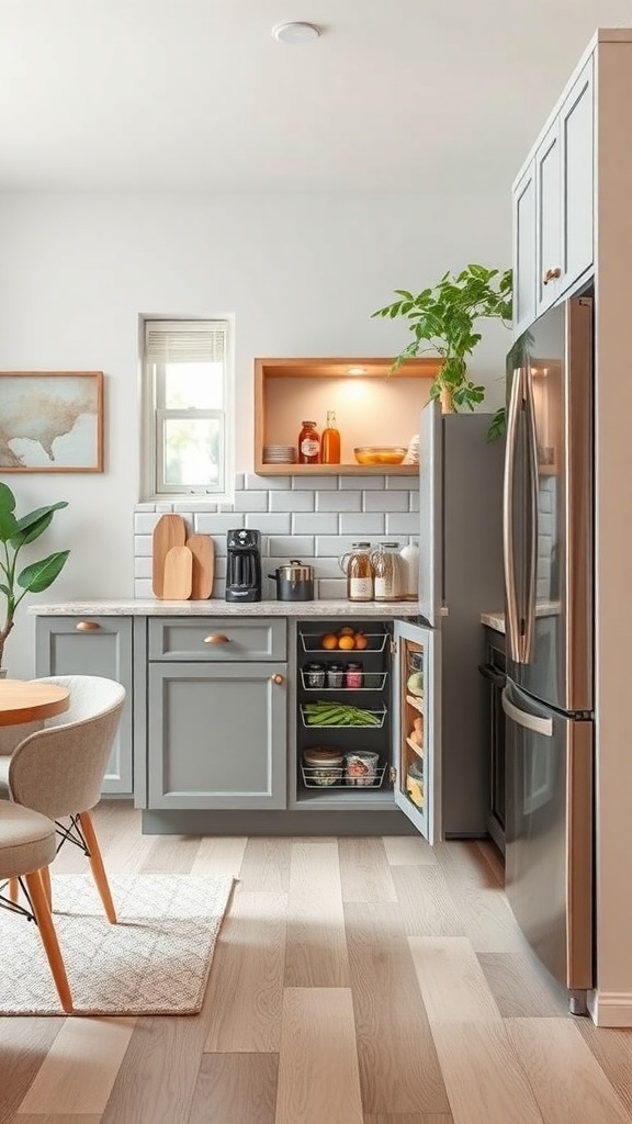 A small kitchen featuring a pull-out pantry neatly organized with storage bins.