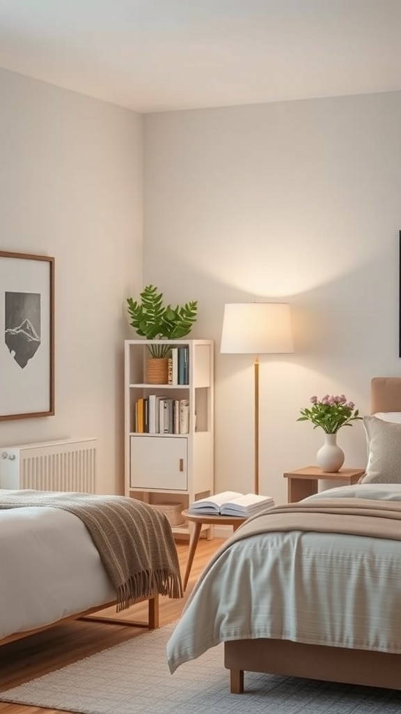 A cozy reading nook in a modern bedroom with a lamp, plants, and a small table.