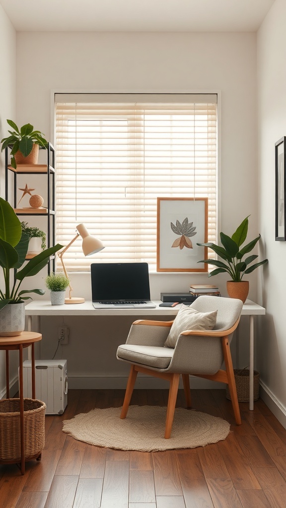 A small home office with a desk, chair, plants, and a cozy rug