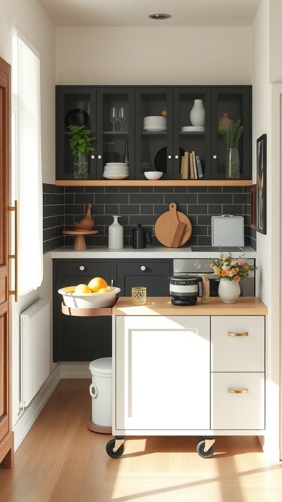 A small kitchen featuring a rolling cart with oranges and kitchen essentials.