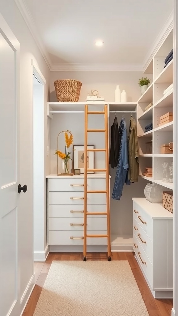 A small walk-in closet featuring a wooden rolling ladder against white shelving, with neatly organized clothes and accessories.