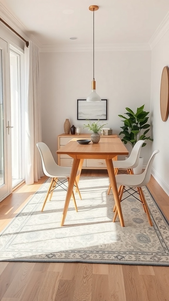 A small dining room with a wooden table, white chairs, and a decorative rug.