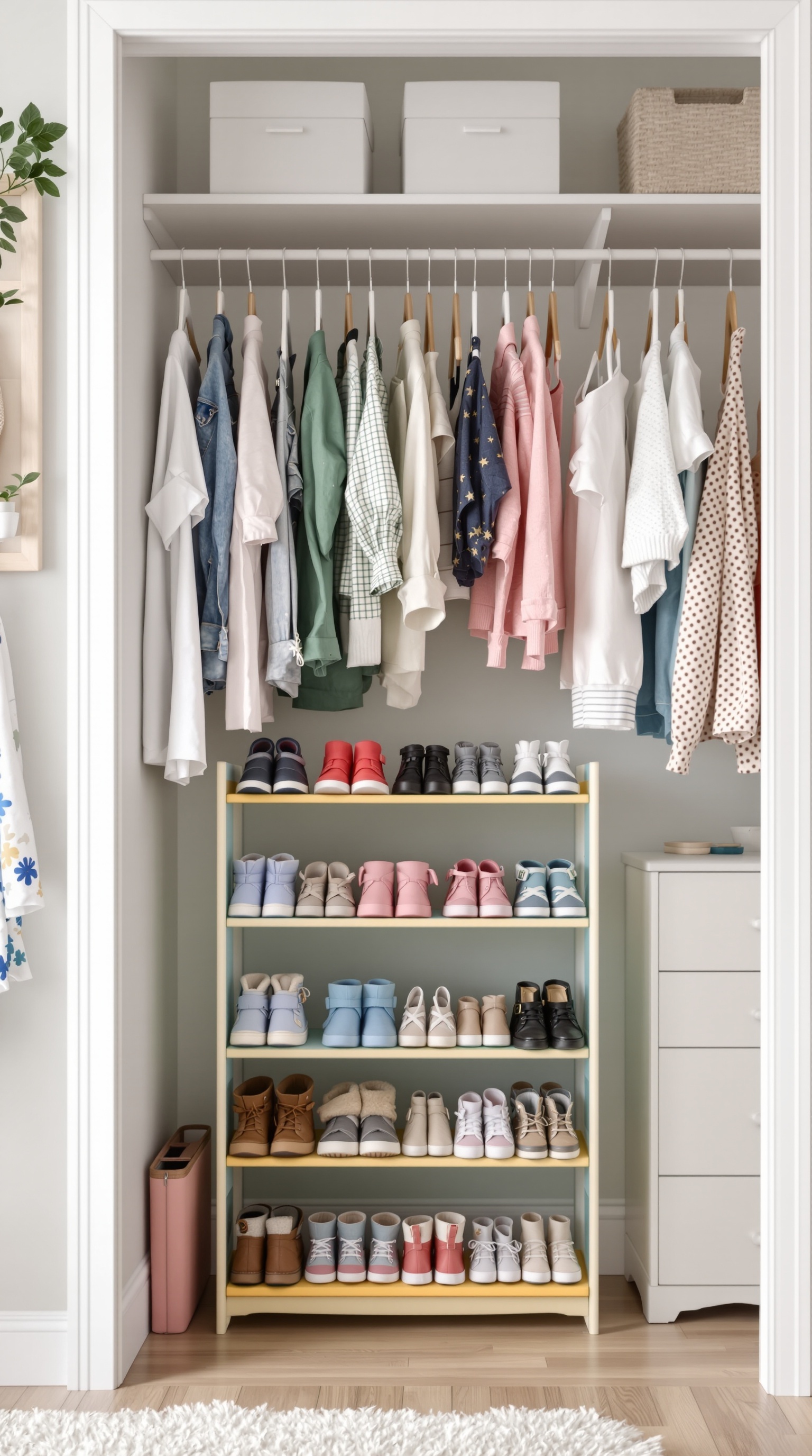 A toddler closet featuring a colorful shoe rack filled with various shoes, neatly organized with hanging clothes above.