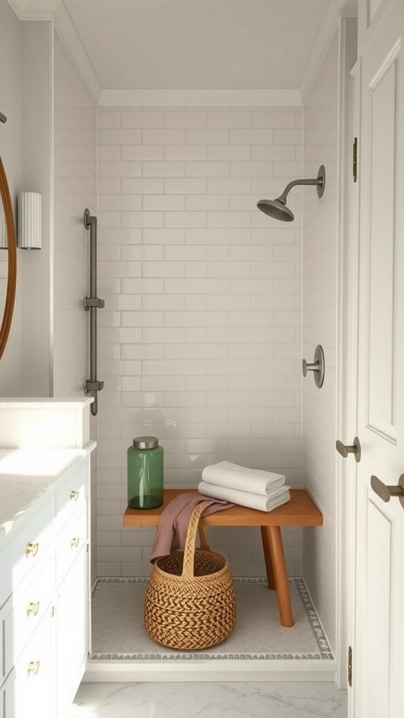 A modern shower with a wooden bench, neatly stacked towels, and a woven basket.