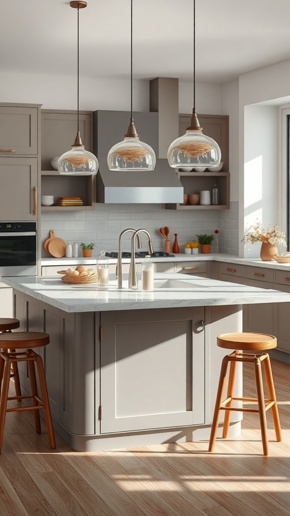 A modern kitchen island featuring a sink, stylish lighting, and seating.