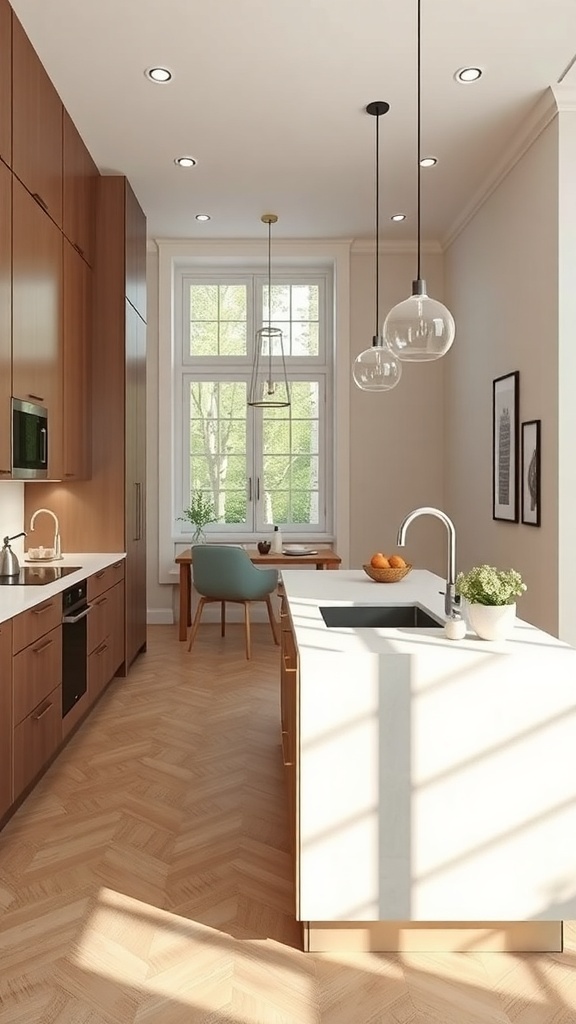A modern narrow kitchen island with a sink, surrounded by warm wood cabinetry and natural light.