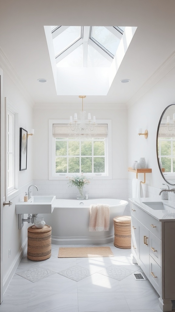 Bright master bathroom featuring a skylight above a bathtub, with modern decor and natural light.