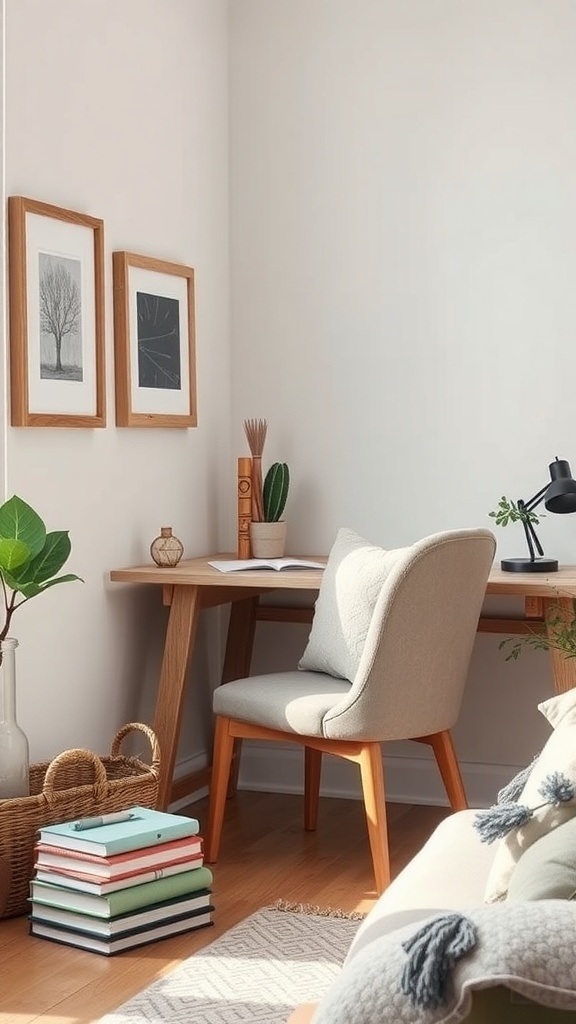 A cozy reading nook featuring a small desk, comfortable chair, and decorative elements.
